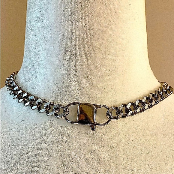 Silver Statement Cuban Chain Link Miami Safety Pin Choker Necklace - Picture 2 of 5